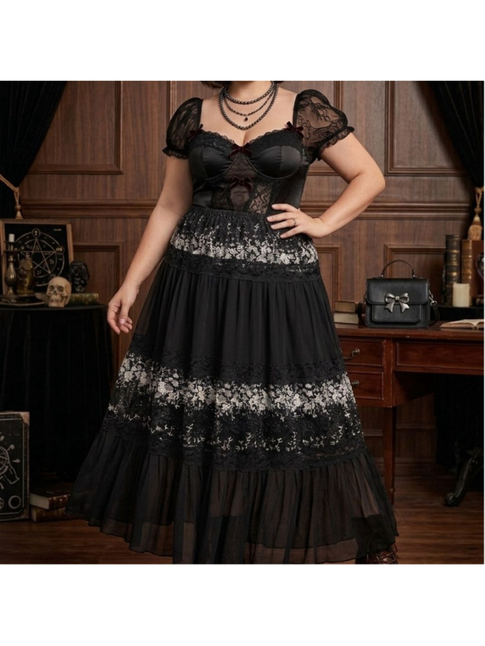 Vintage Whimsigoth Black Lace Tiered Maxi Ruth Skirt Cottagecore Grunge Coquette - Picture 6 of 6